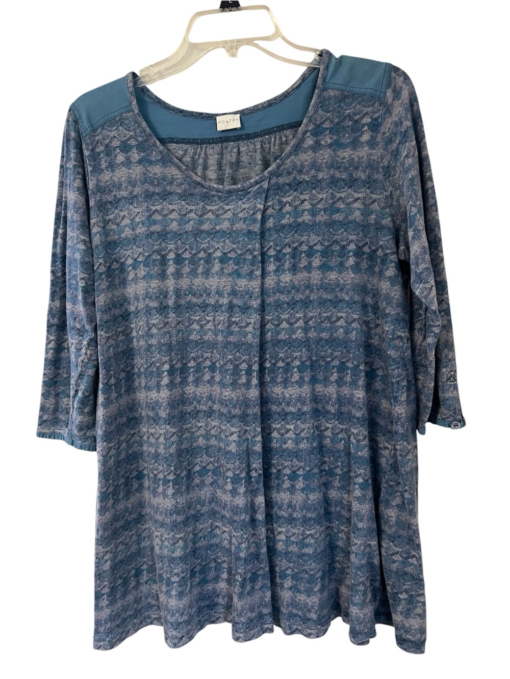 Poetry 100% Linen Knit Tunic Top Women’s 8 Blue Geometric Print 3/4 Sleeve Swing